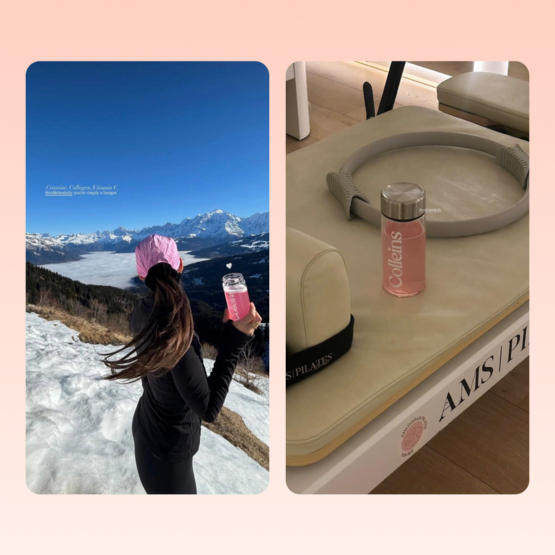 Pink Lemonade by Colleins in a clear glass bottle with pink liquid and lemon slices, showcasing a refreshing beverage.