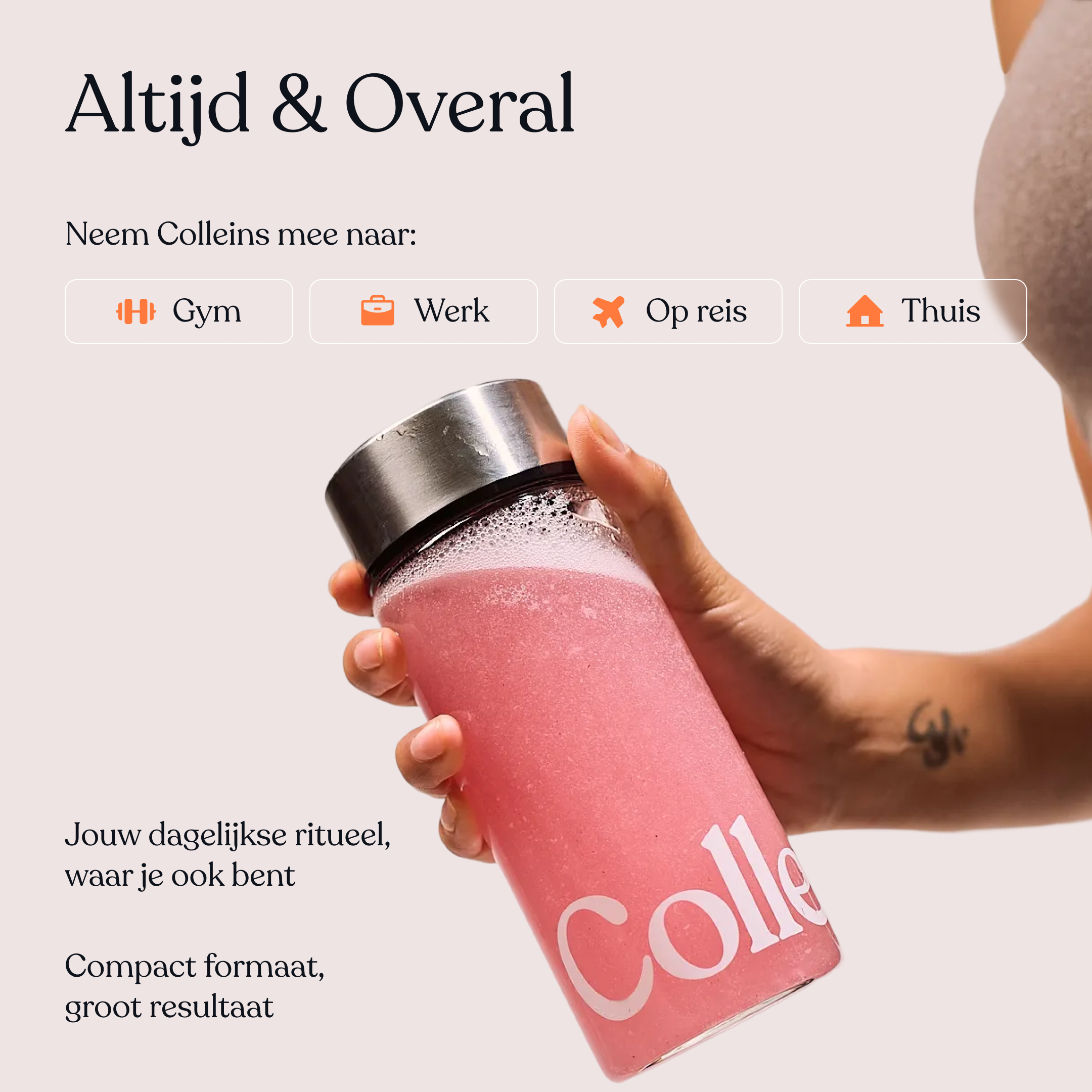 Colleins Pink Lemonade in a clear glass with ice and a lemon slice, set against a bright, cheerful background.